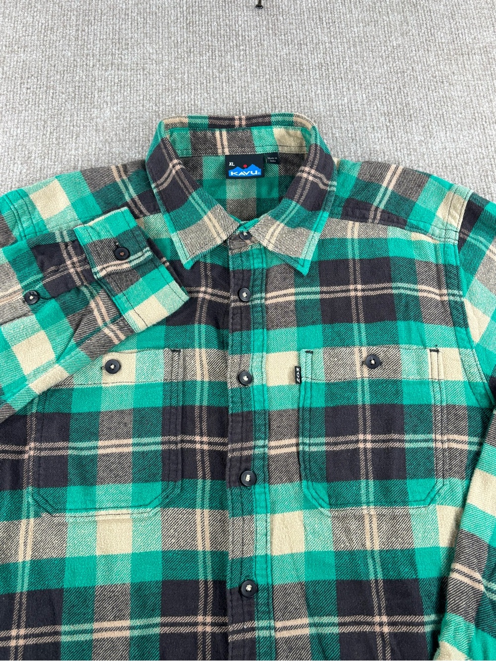 Kavu Mens Flannel Long-Sleeve Button Shirt Size XL Green Plaid Gorpcore Outdoors